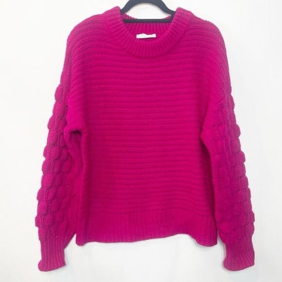 Elodie Chunky Knit Ribbed Neck Sweater Bright Pink Orchid Bubble Sleeve Sz Large - Picture 2 of 8